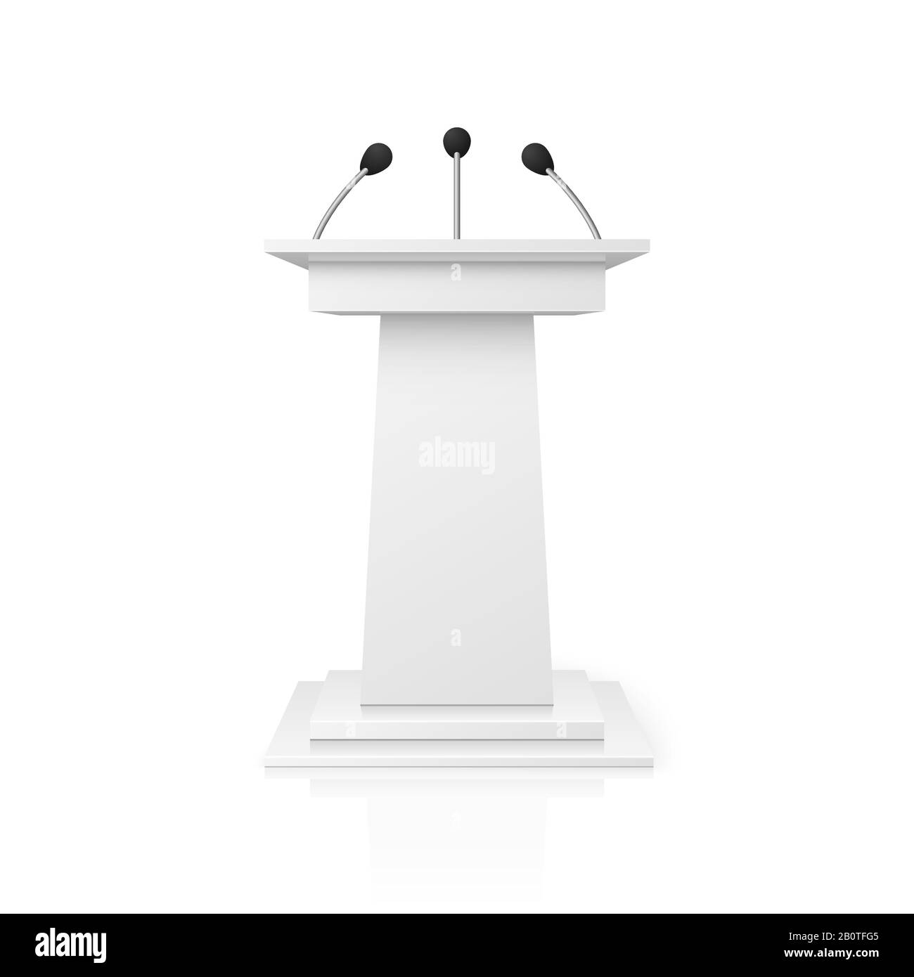 Weißer leerer Podiumstribun für öffentliche Rede mit Mikrofonen Vektorgrafiken. Standvortrag und öffentlicher Stand Stock Vektor