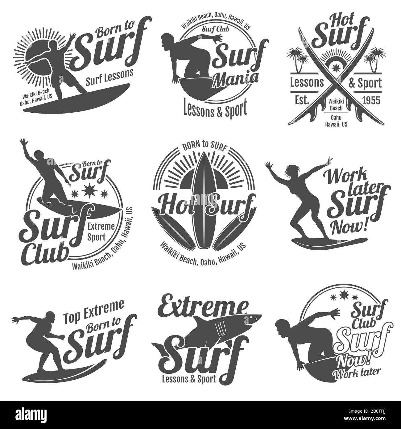 Sommersurfing Sport Vector Logos Kollektion mit Surfer, Surfbrett und Ozeanwelle. Sommer-Sport-Surfen, Illustration des Sport-Surf-Board-Abzeichens Stock Vektor