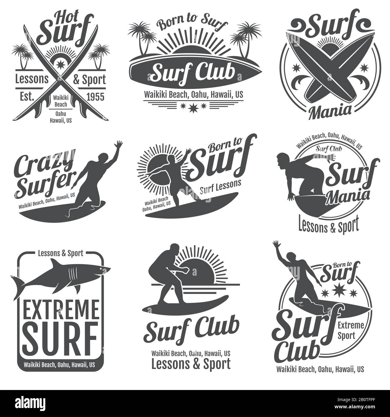 Surfing Club Vector Vintage Embleme. Surfbrett auf Wellenschildern. Aufkleber am tropischen Strand im Sommer. Emblem Surf Club Illustration Stock Vektor