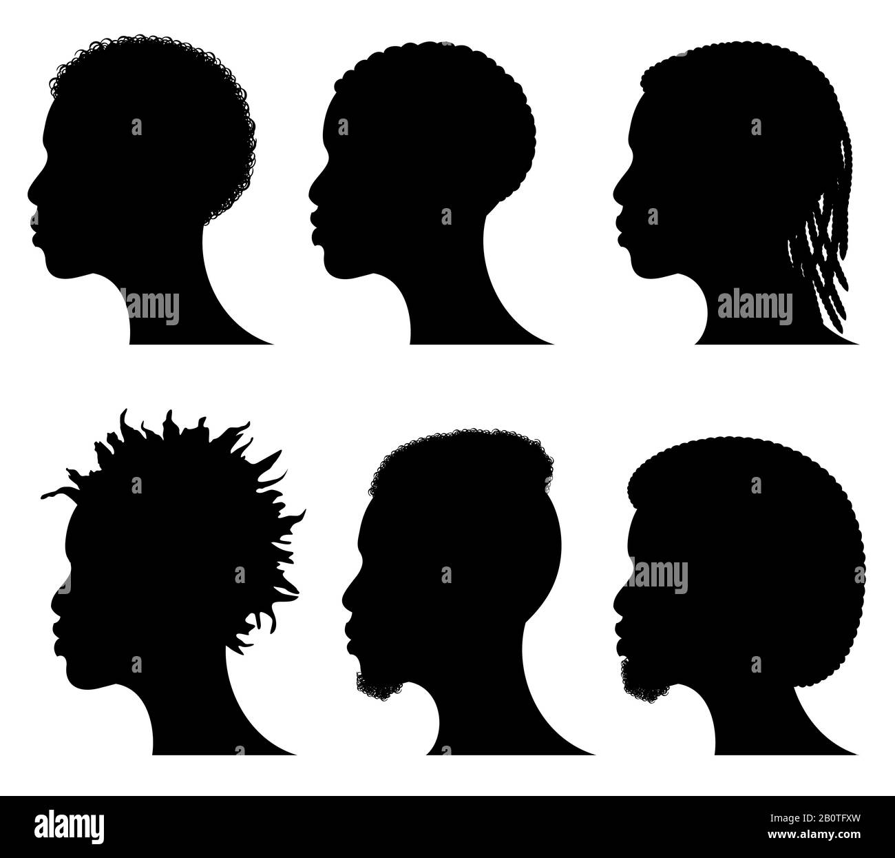 Afro-amerikanische junge Männer sehen sich Silhouetten gegenüber. Afrikanische männliche schwarze Profile. Haarstil Profil Silhouette Kopf, Illustration von afro amerikanischen Haaren Stock Vektor