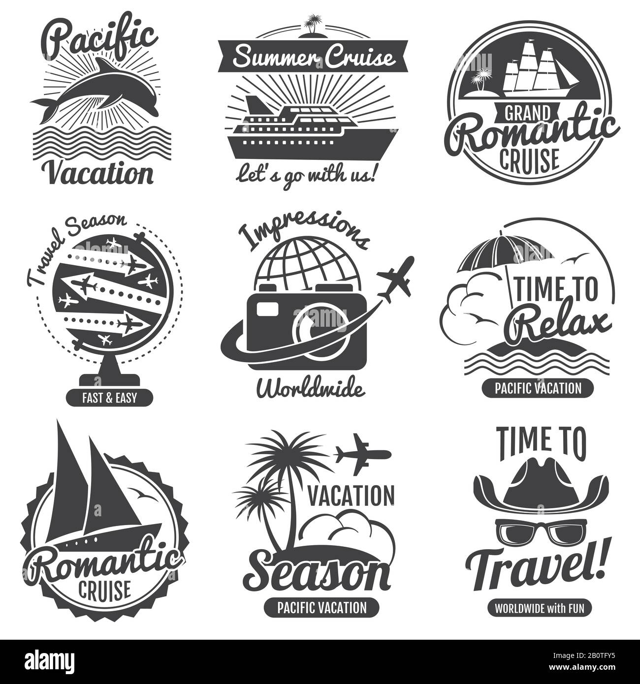 Vintage Travel Vector Logo Set. Abenteuer und Label romantische Kreuzfahrt Illustration Stock Vektor