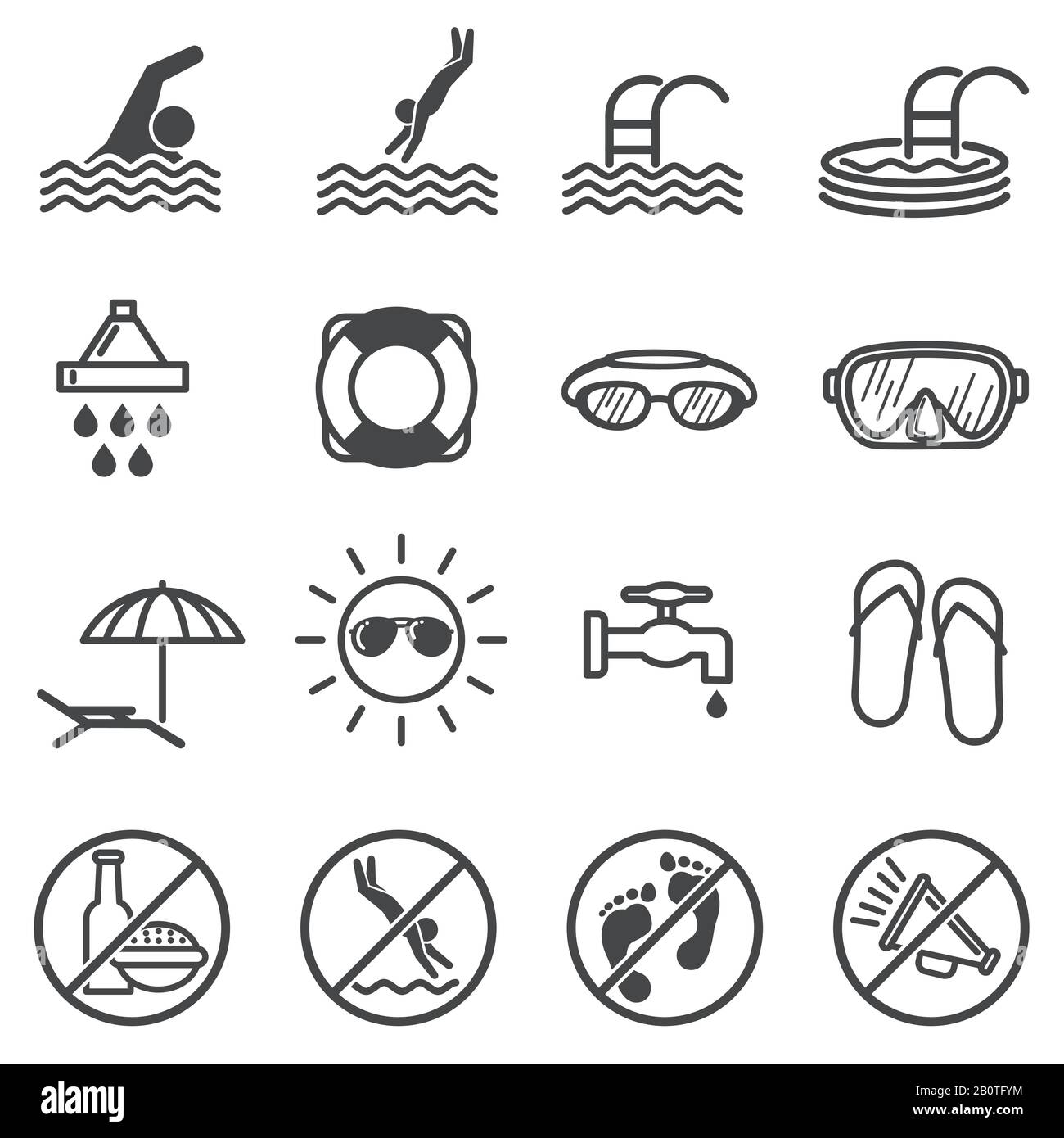 Warnschilder für öffentliche Pools. Symbole für Schwimmregeln. Öffentliche Regel im Wasserbecken, Veranschaulichung der Einschränkung und im Schwimmbad verboten Stock Vektor