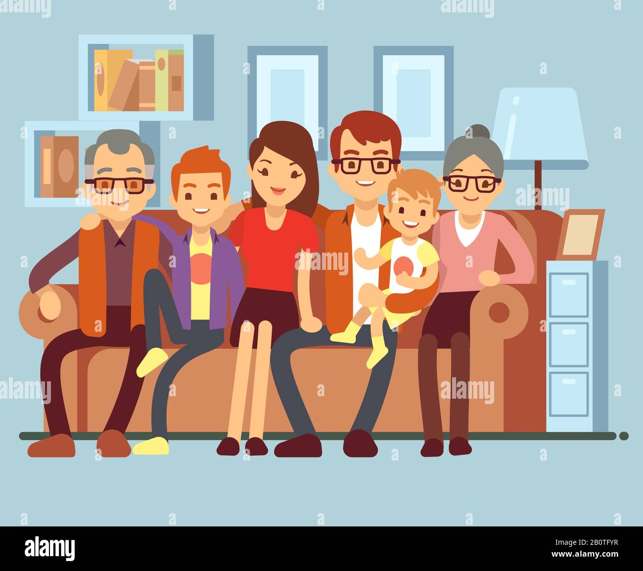 Glückliche Familie, die auf dem Sofa sitzt. Opa und Oma, Eltern und Kinder flache Vektorgrafiken. Mutter und Vater mit Kindern auf dem Sofa Stock Vektor