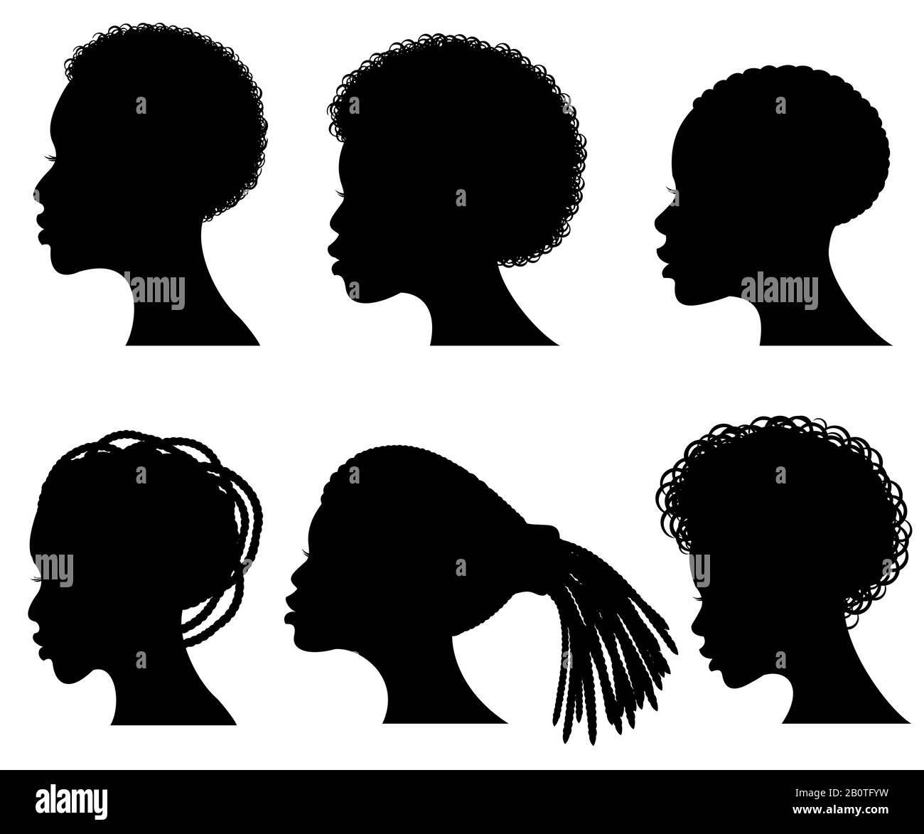 Afro-amerikanische junge Frau steht vektorschwarzen Silhouetten gegenüber. Shape Black Silhouette Woman Haarillustration Stock Vektor