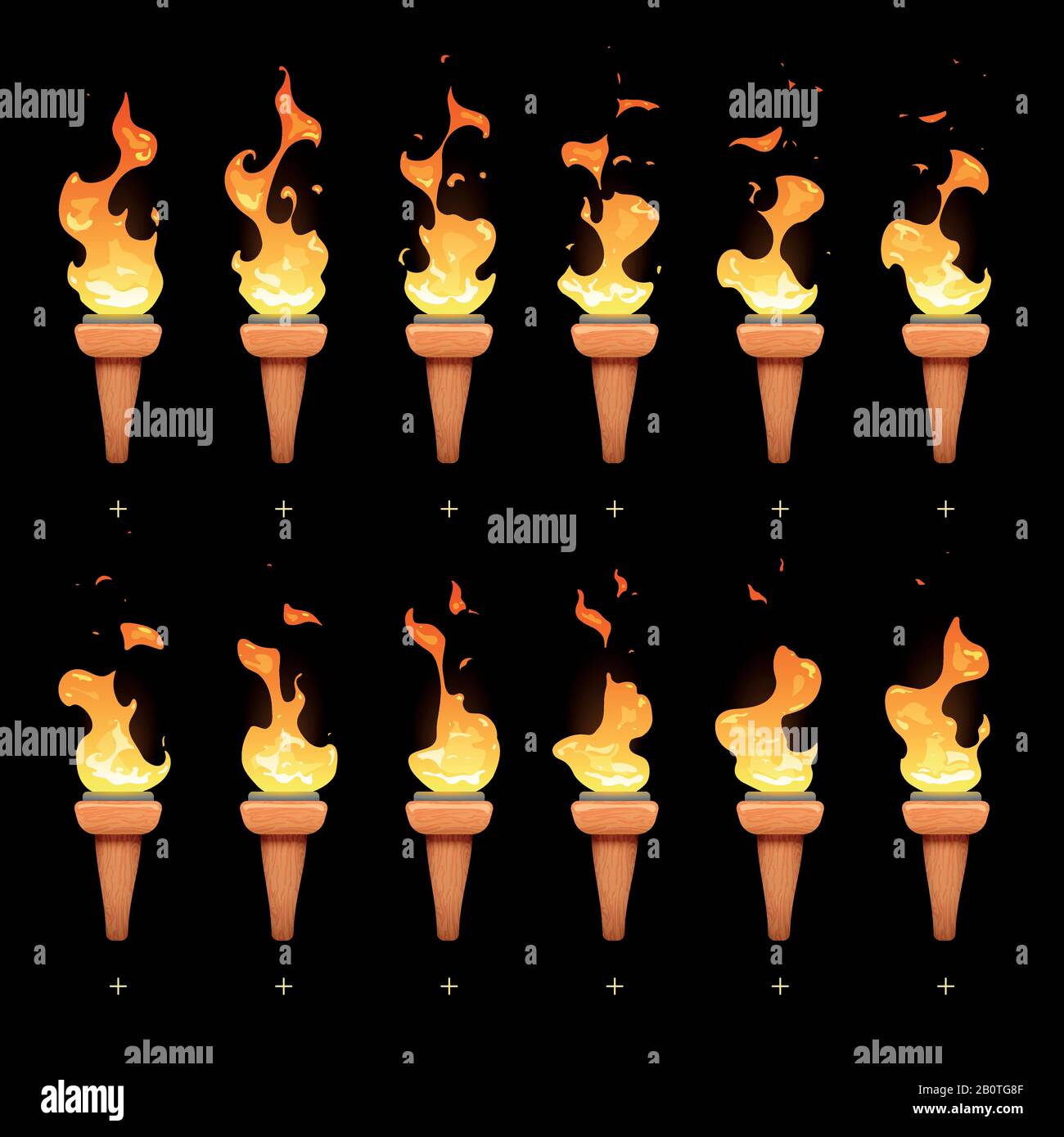 Torch Animation mit Cartoon Fire Blaze Sequenz Sprites Vector Set. Animierte Feuerbrenner, Abbildung einer Brennbewegungsbrenner Stock Vektor