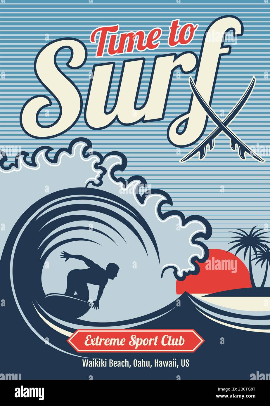 Surfing Vector hawaii T-Shirt Vector Vintage Design. Typografie Surfen im T-Shirt, Illustration des grafischen Surfers auf dem Wellenmeer Stock Vektor