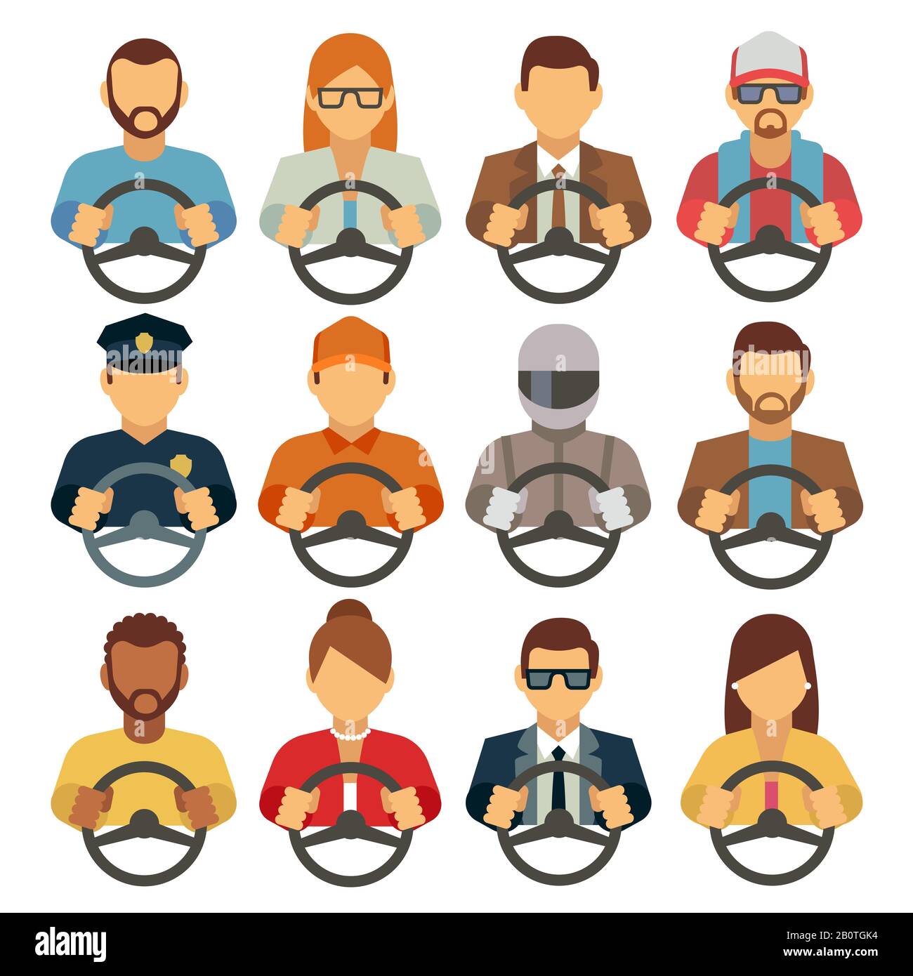 Mann und Frau Fahrer Vektor flache Symbole. Fahrmannkurier oder -Betreiber, Abbildung von Fahrerinnen Stock Vektor