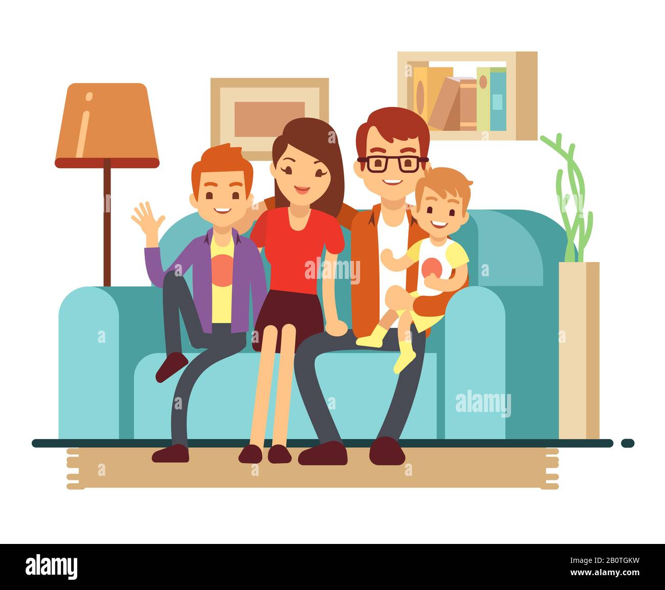 Lächelnde junge glückliche Familie auf dem Sofa. Mann, Frau und ihre Kinder im Wohnzimmer Vektorgrafiken. Eltern mit Kindern sitzen auf dem Sofa Stock Vektor