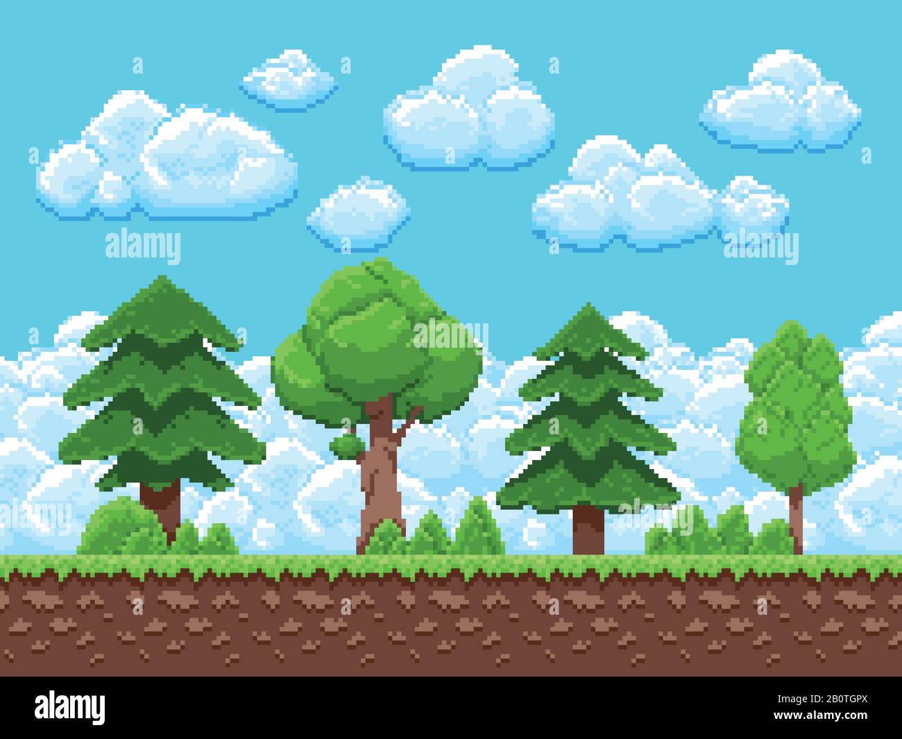 Pixel-Game-Vektorlandschaft mit Bäumen, Himmel und Wolken für ein 8-Bit-Arcade-Spiel im Vintage-Stil. Abbildung der Benutzeroberfläche von Landscape Game Scene Stock Vektor