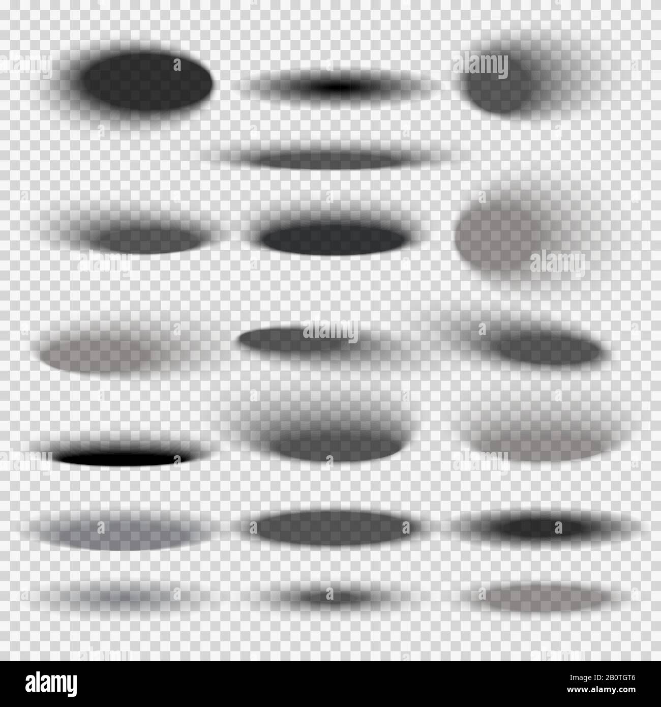 Transparente ovale untere Schlagschatten für beliebige Vektorvorlagen für runde Objekte. Sammlung von Schatten-Rundform, Abbildung der schwarzen Schatten-Oberfläche Stock Vektor
