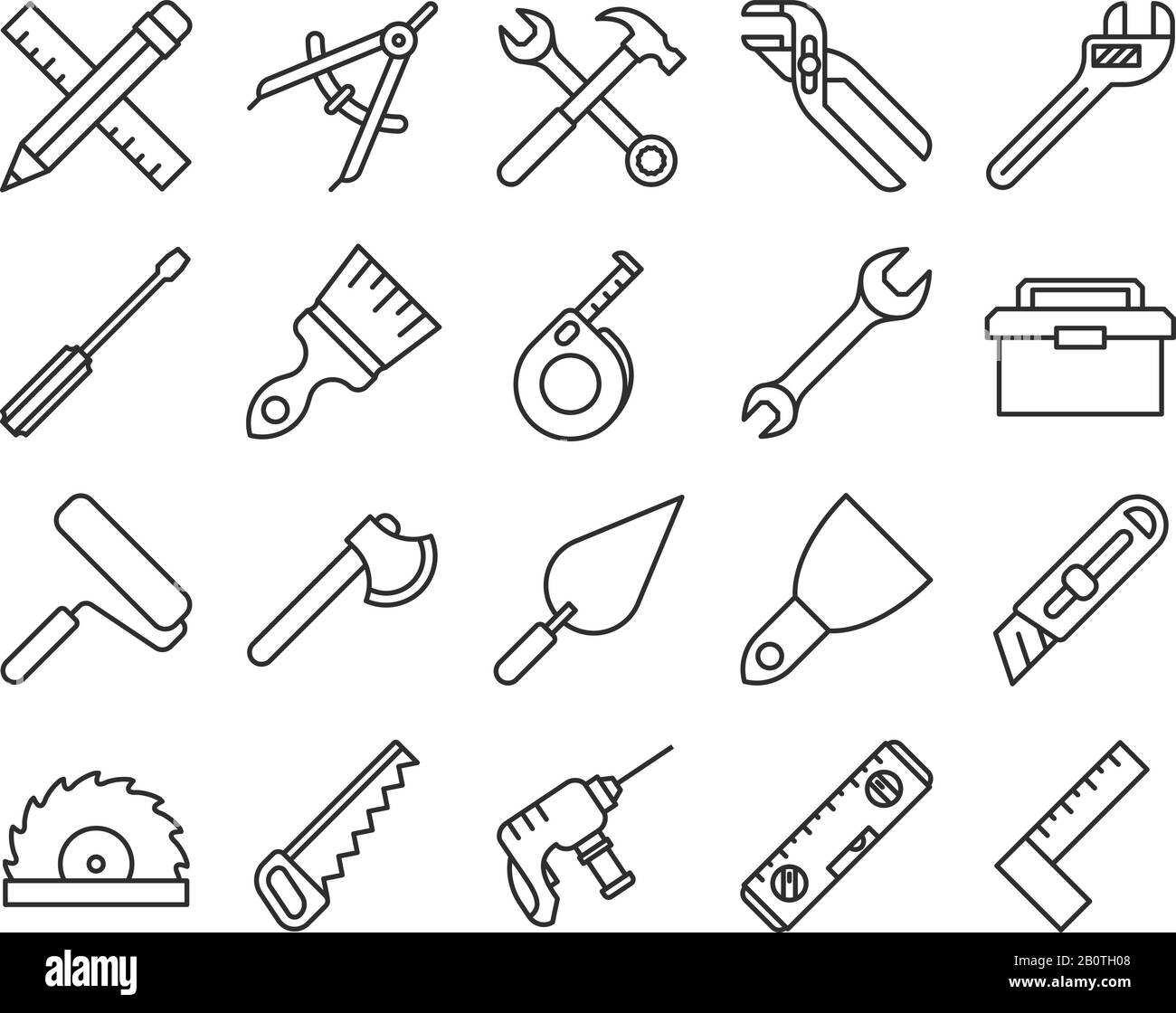 Linienvektor-Symbole für mechanische Werkzeuge. Abbildung: Linearwerkzeuge, Axt- und Schraubenschlüssel Stock Vektor