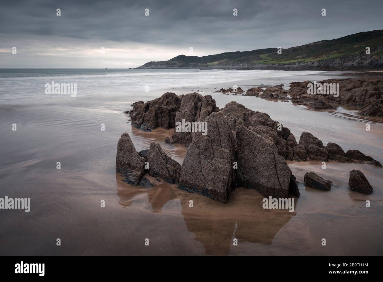 Combesgate Beach und Morte Point an der Küste von Nord-Devon in Woolacombe, England. Stockfoto