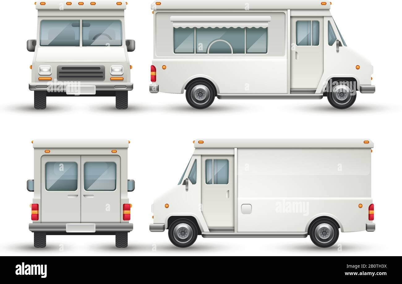 Weiße leere Lebensmittelautos, isolierte Vektorvorlage für Nutzfahrzeuge für Markenidentität im Restaurant und Logo-Design. Abbildung: Fahrzeugservice Stock Vektor