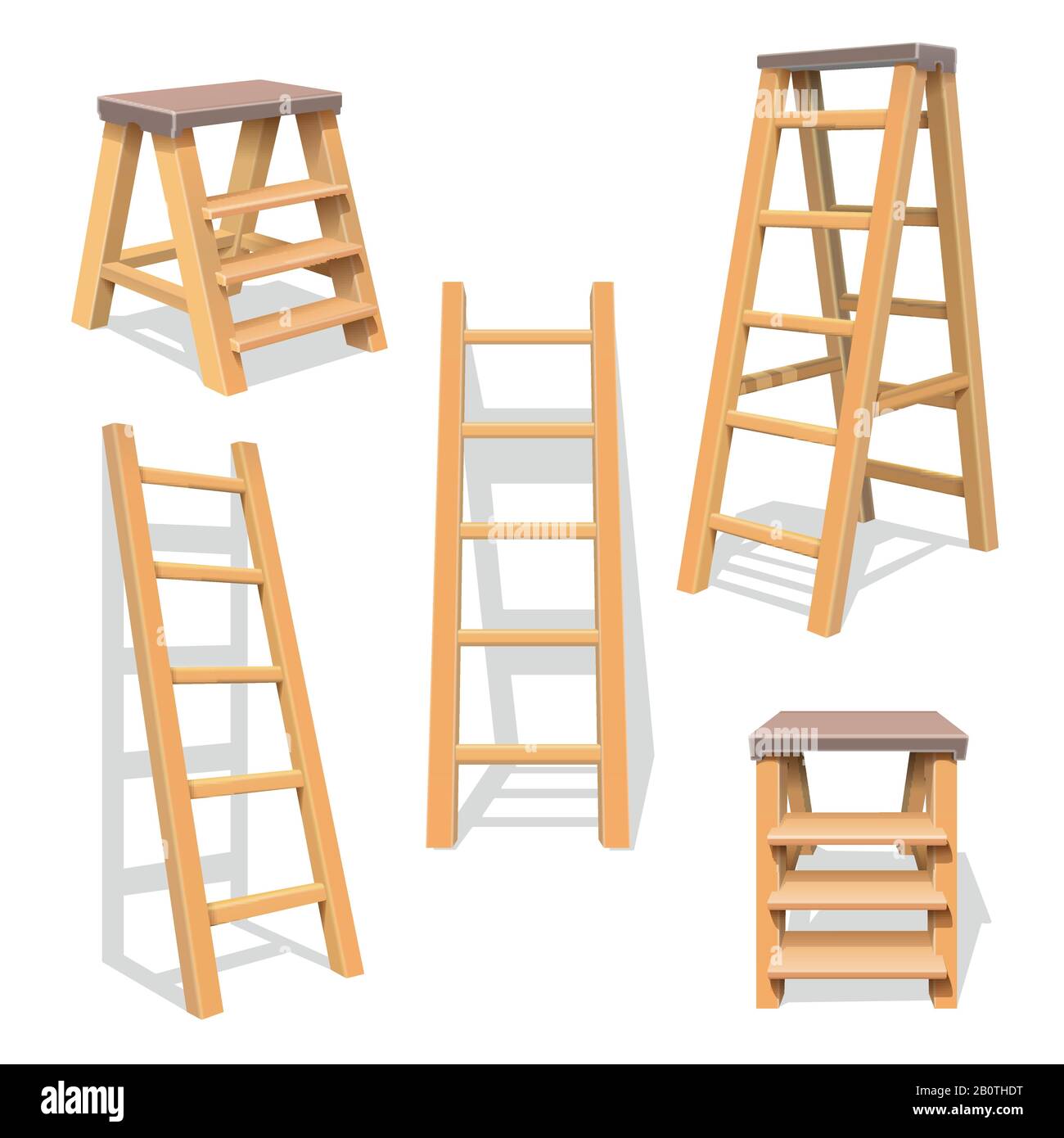 Holzhaushaltsstufen. Isolierter Holzleiter-Vektor-Satz. Holzleiterkonstruktion, Stepladder Abbildung des Sets Stock Vektor