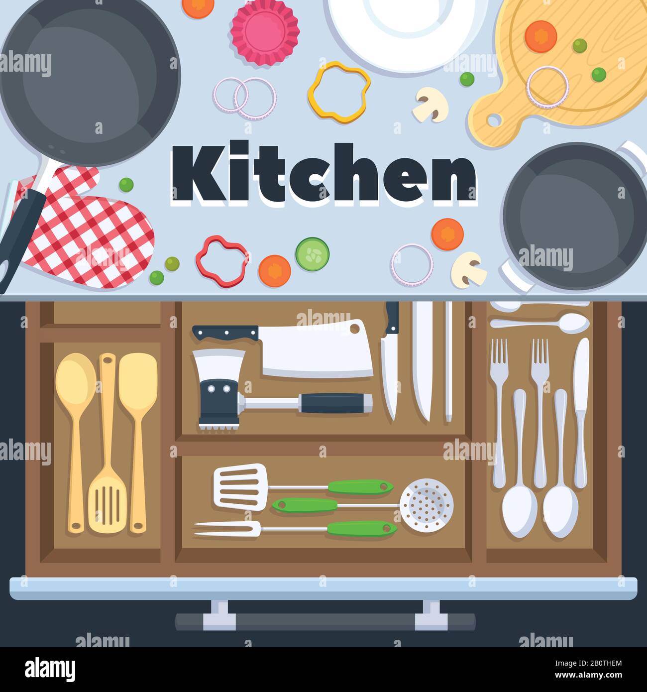 Küchendesign Vektor-Hintergrund mit Koch-Restaurant-Ausstattung. Messerlöffel und Gabel in der Abbildung der Küchenschublade Stock Vektor