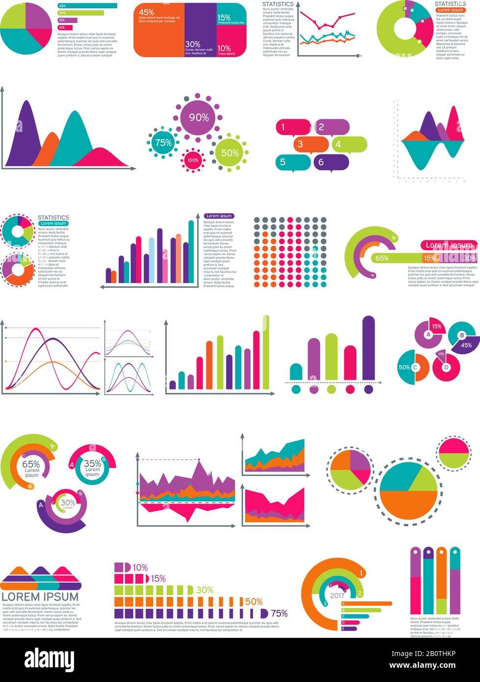 Elemente der Infografik mit Flussdiagramm. Vektor-Statistik-Diagramme Website-Layout-Vorlage. Farbdiagramm und Diagramm, Symbol für die Darstellung von Geschäftsdiagrammen Stock Vektor