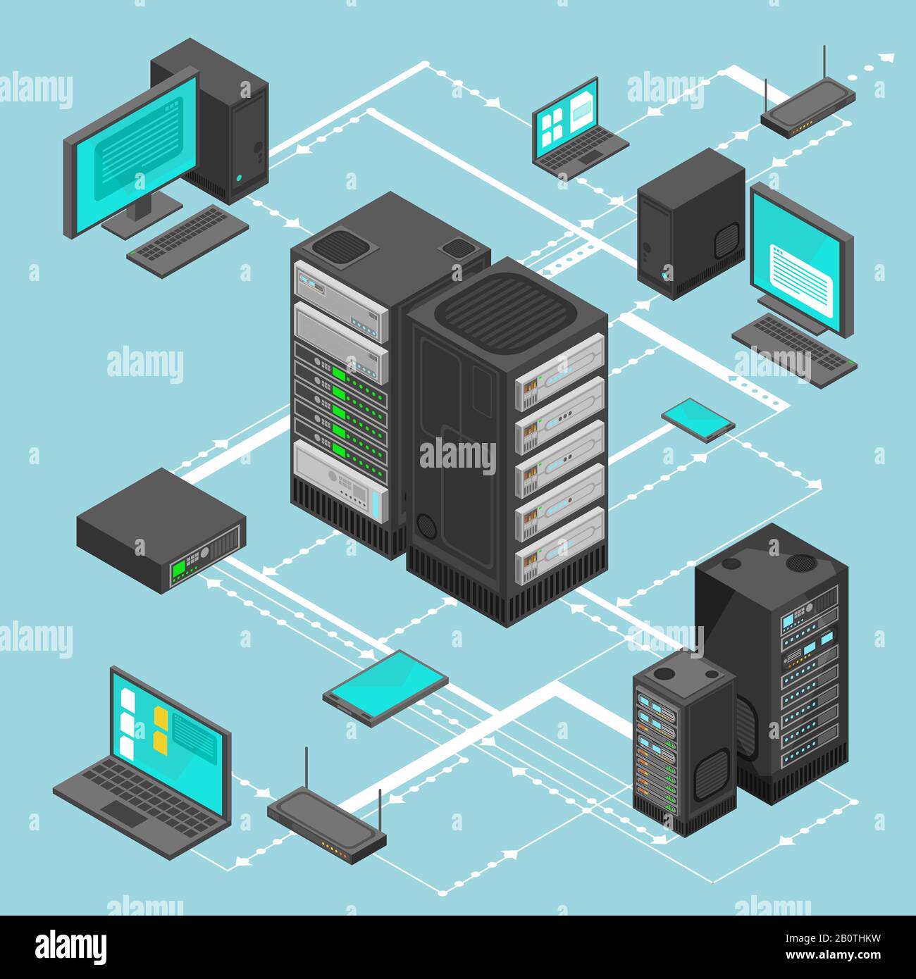 Vektor für die Datennetzwerkverwaltung - isometrische Karte mit Netzwerkservern, Computern und Geräten für Unternehmen. Abbildung der Dateninformationszuordnung für Server Stock Vektor