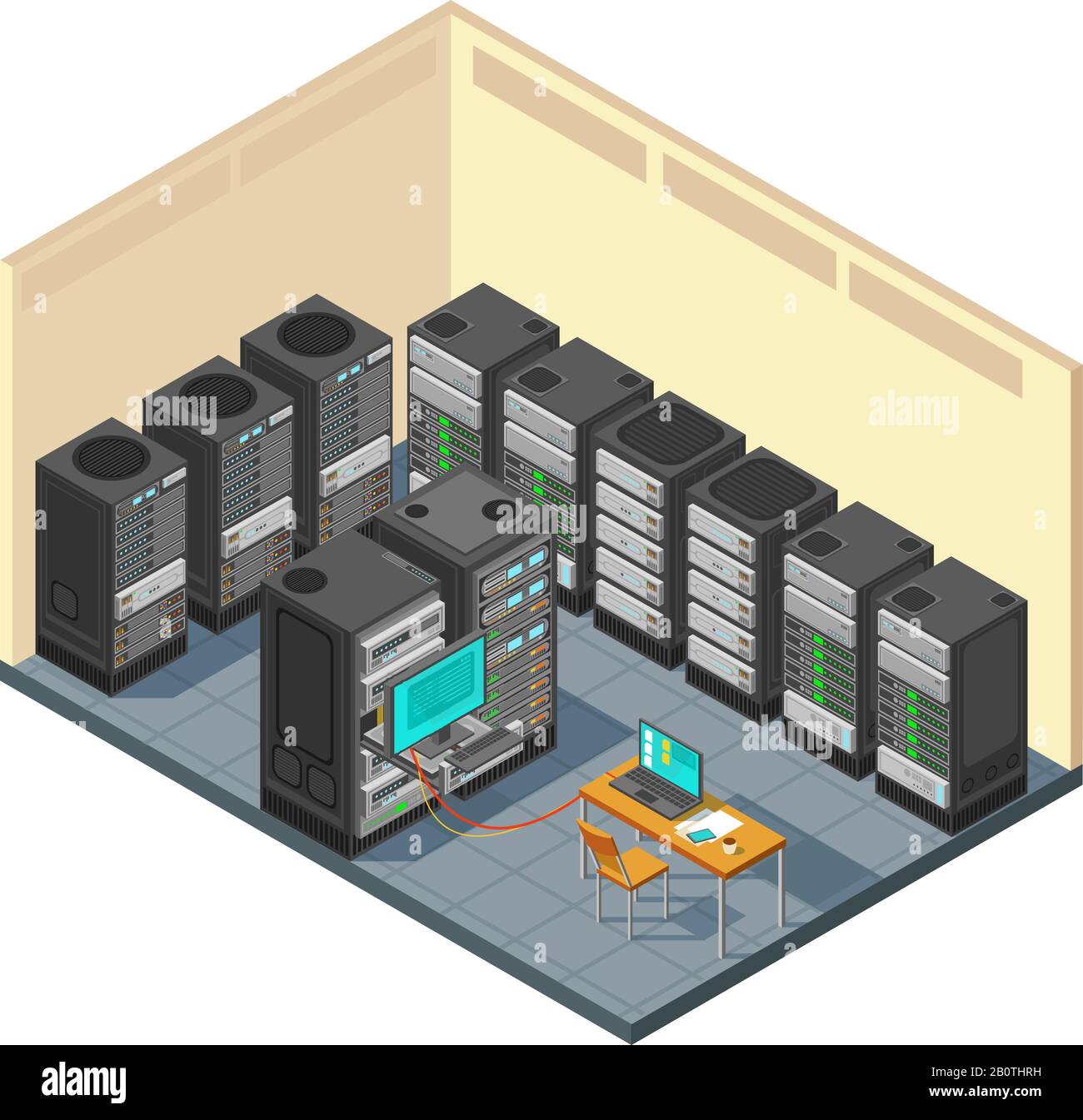Isometrischer Netzwerkserverraum mit einer Reihe von Computerausrüstungen. Datacenter unterstützen Hardware mit Server-Vektordarstellung Stock Vektor