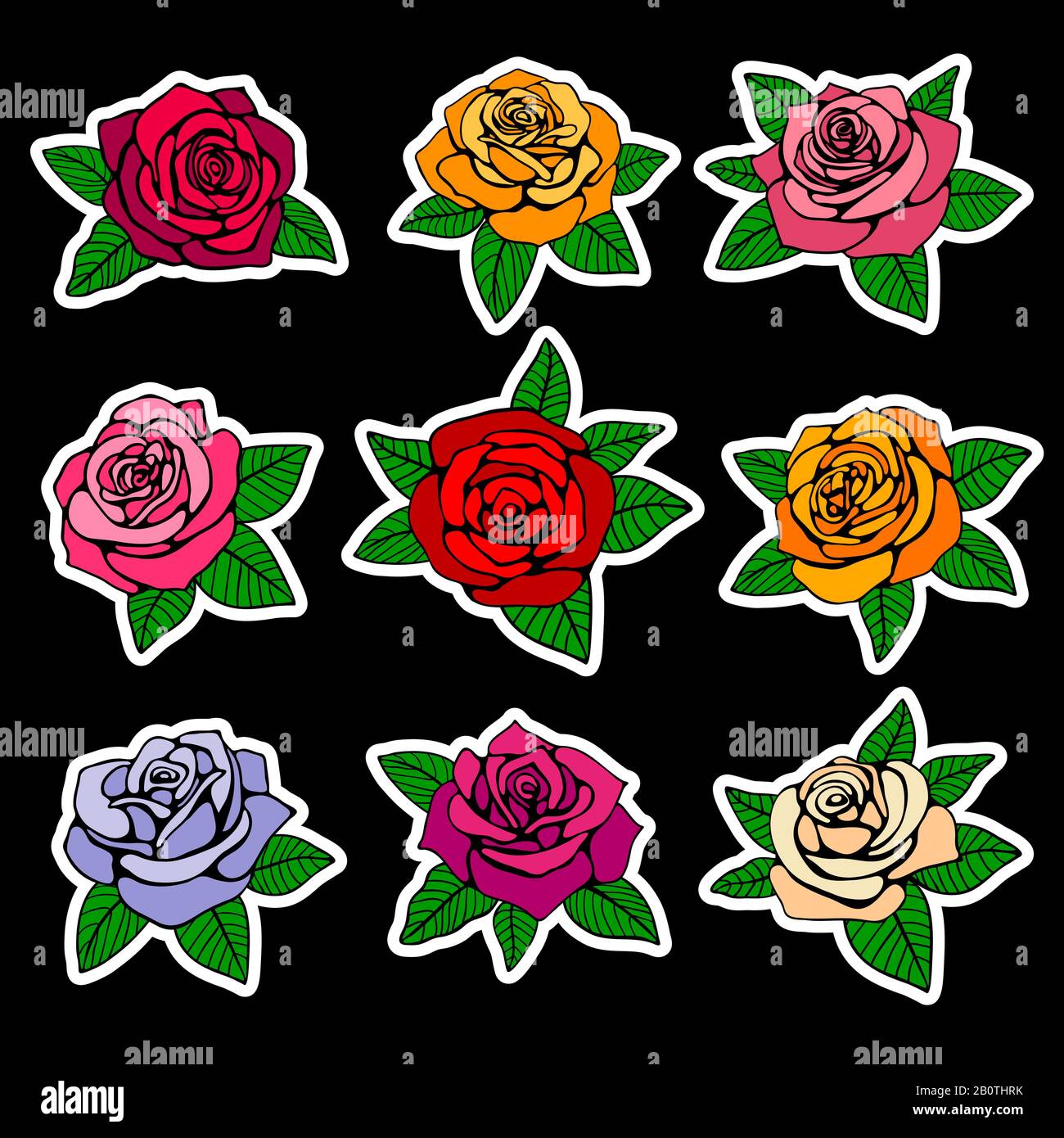 Rosen Mode Vektor-Aufnäher und Aufkleber im Stil der neunziger Jahre. Stickerdesign Rose, Illustration modischer Rose Stock Vektor