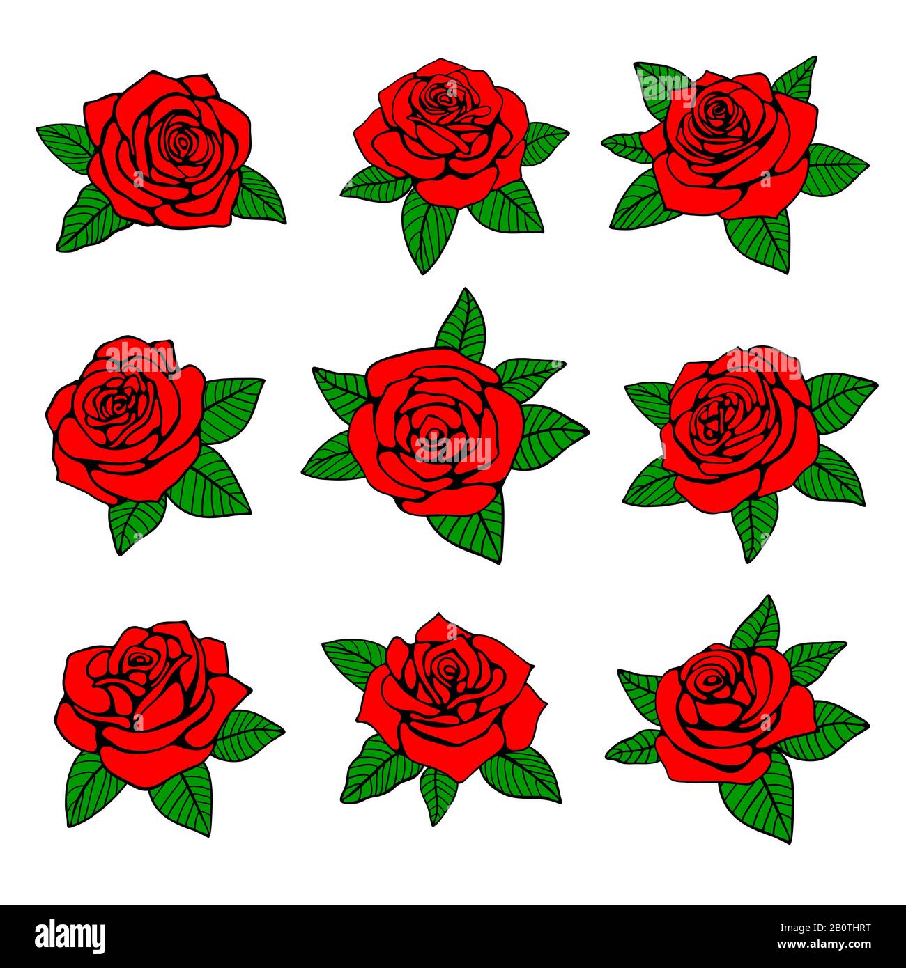 Rote Rosen mit grünen Blättern, Vektordesign für Tätowierung. Rote Rose in der Natur, mit grünem Blatt, Illustration von Rosentattoo Stock Vektor