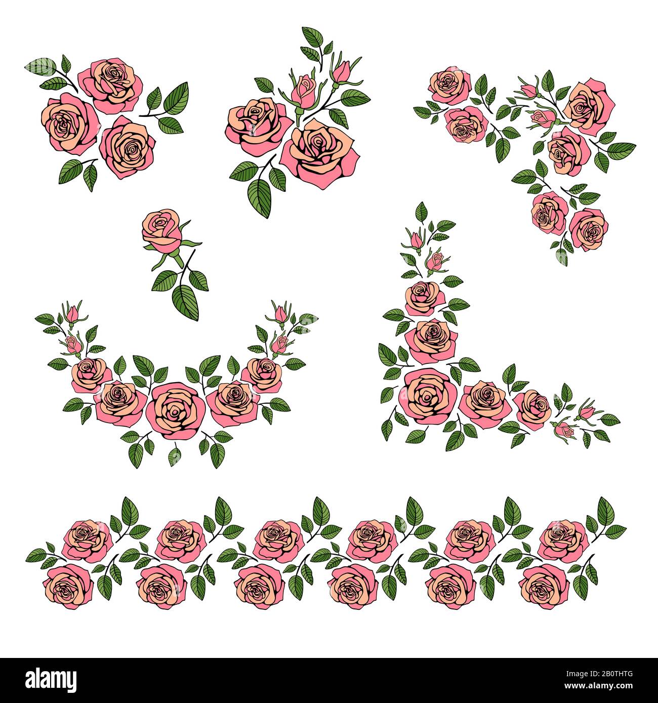 Romantischer Hochzeits-Blumenstrauß mit roten Rosen Vektor-Set. Teerosenblüte, Rahmenecke bilden Rosenillustration Stock Vektor