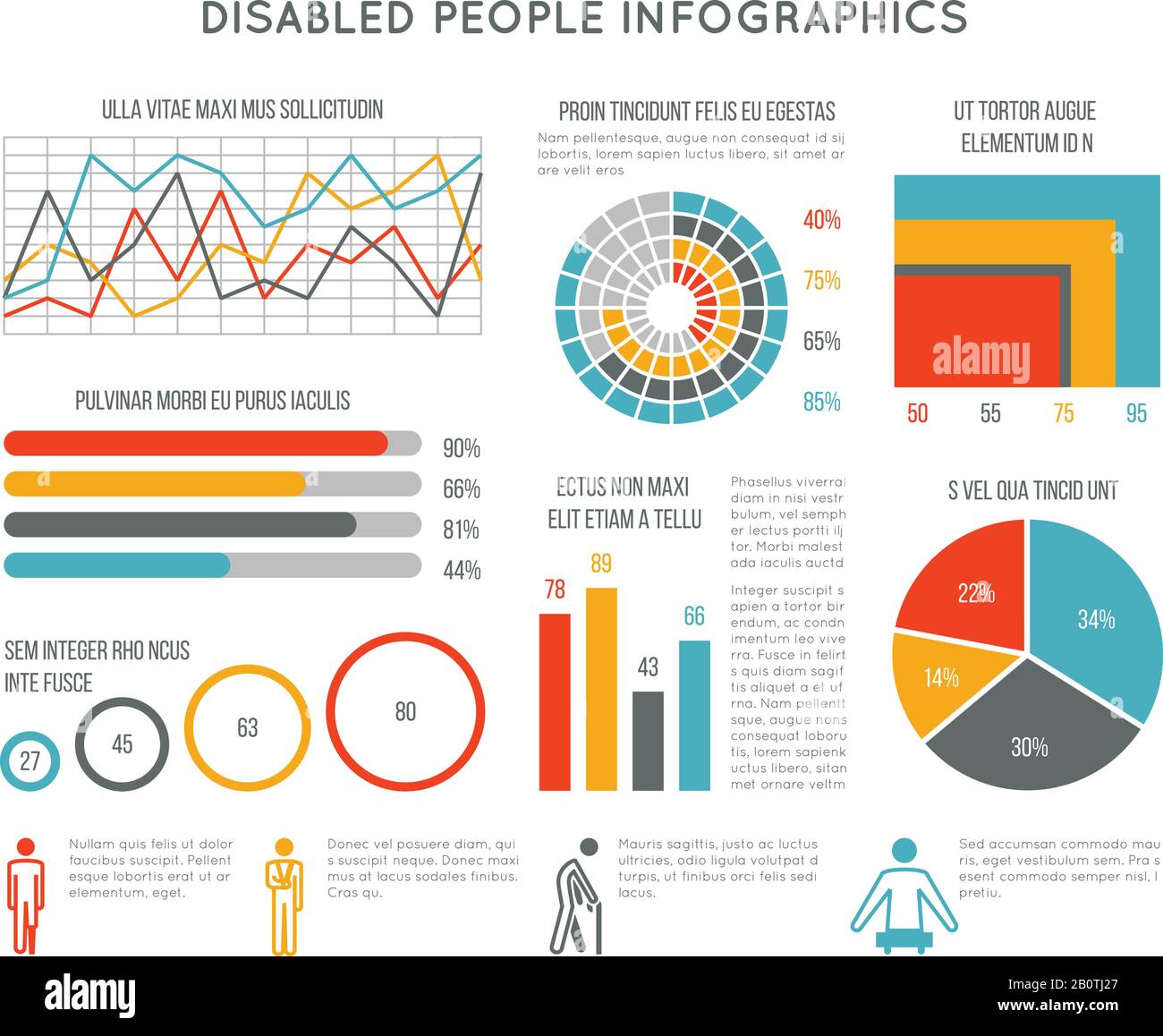 Infografik zu Gesundheits- und Invalidenvektoren mit Symbolen, Diagrammen und Diagrammen für behinderte Personen. Medizinische Infografik Invalidität Menschen Illustration Stock Vektor
