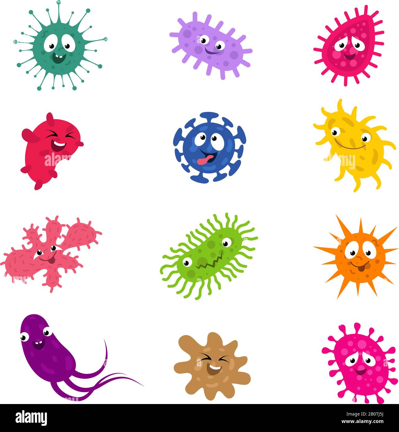 Cartoon lustige Bakterien und Keime. Vektor-Zeichen Cartoon Virus-Mikrobe und Infektions-Illustration Stock Vektor