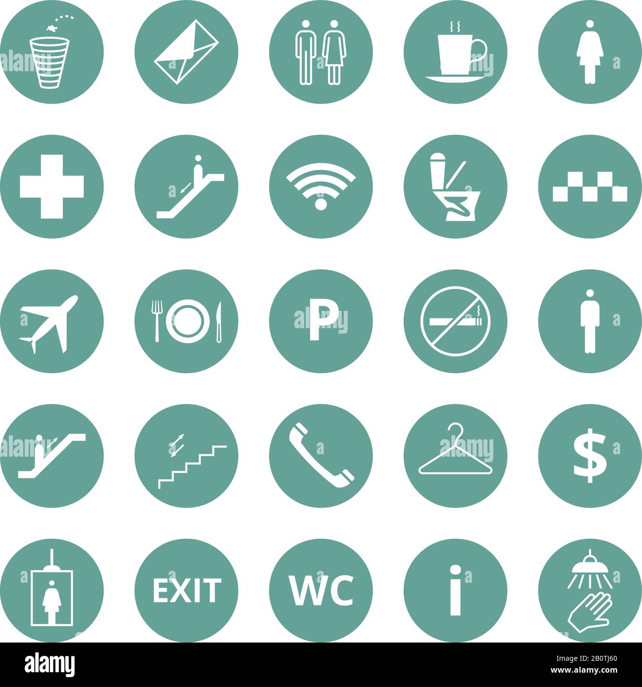 Navigationsvektor-Symbole für öffentliche Position. Piktogramme für Toilette, Restaurant und Fahrstuhl. Restaurant- und toilettensymbole, Illustration des Aufzugs und Info Sings Stock Vektor