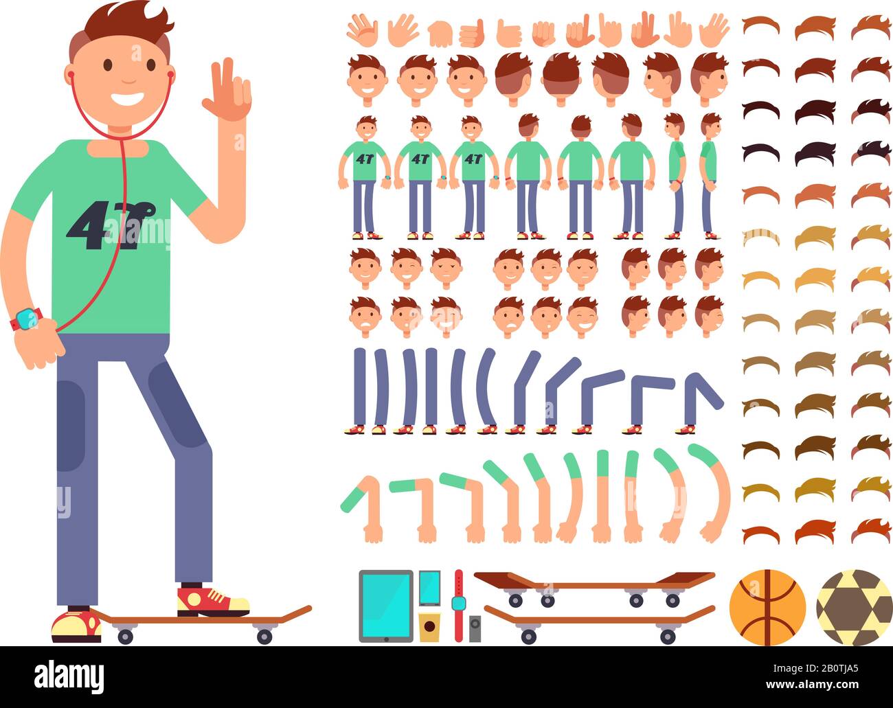 Junger und glücklicher Konstruktor für die Gestaltung von Vektorcharaktern. Studenten-Junge mit Kopfhörer-Skatball und Gadget-Illustration Stock Vektor