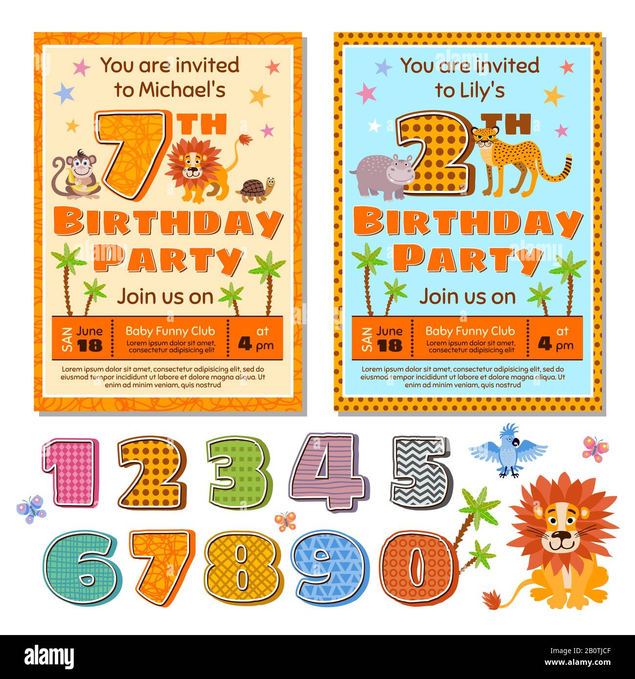 Kinder Geburtstag Party Einladung Karte Vektor Vorlage mit niedlichen Cartoon Tiere. Geburtstag Kinder Einladung Illustration Stock Vektor