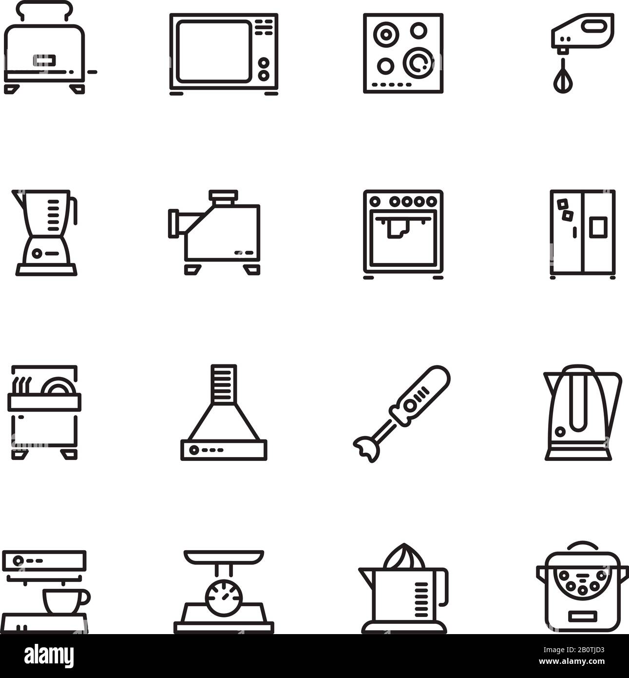 Küche und Kochgeräte Haushaltsvektor-Liniensymbole. Küchenausstattung, Kaffeemaschine, Toaster und Kühlschrank-Illustration Stock Vektor