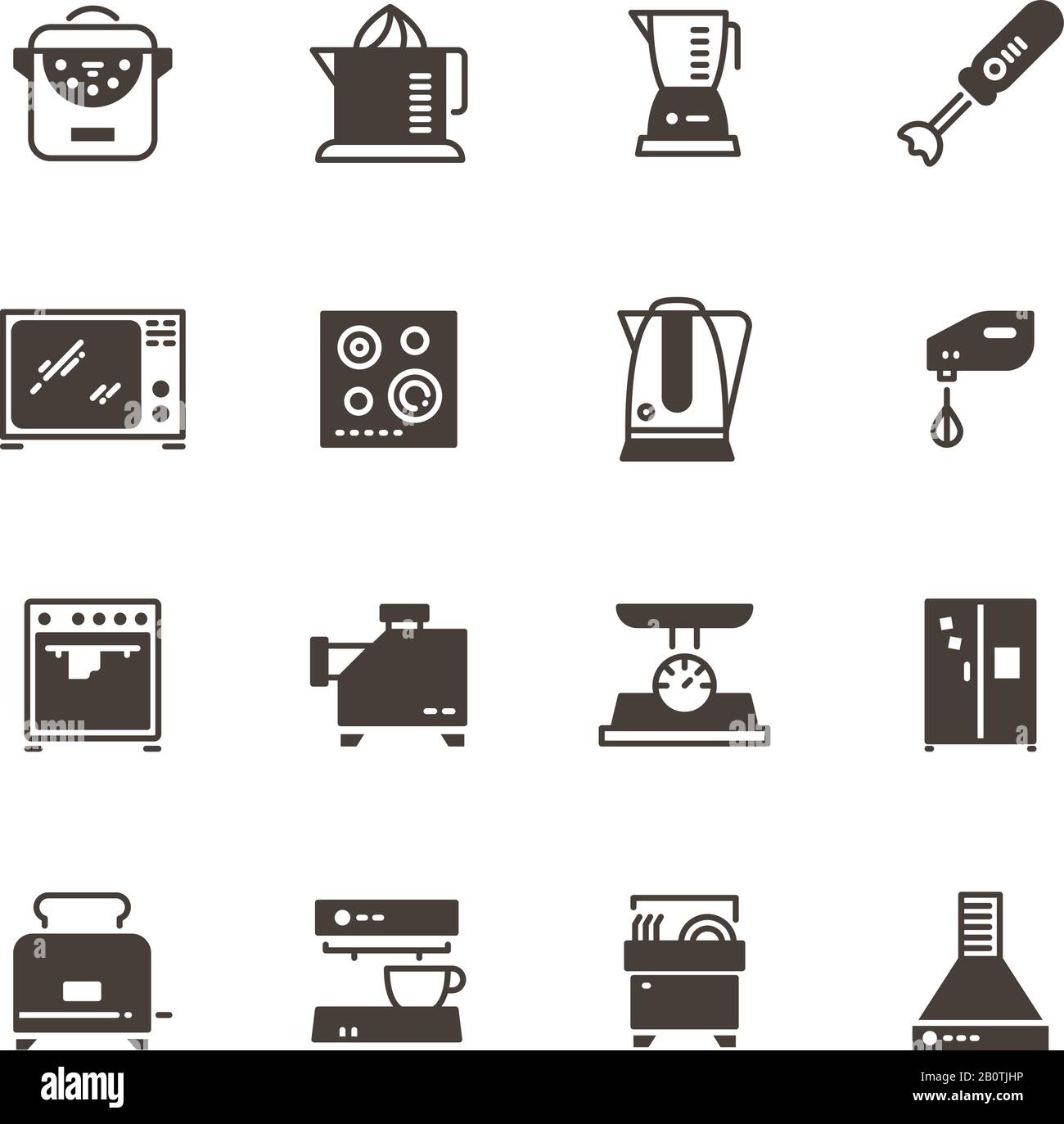 Küchengeräte Vektor-Silhouette-Symbole isoliert. Küchenausstattung Kühlschrank und Kaffeemaschine, Geschirrspüler und Toaster Stock Vektor