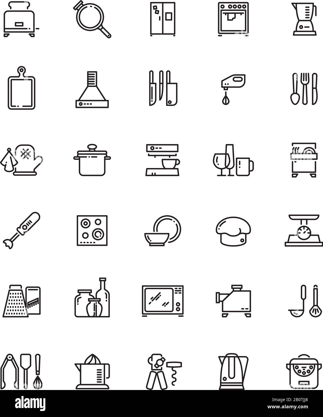 Küche, Küchengeräte und Geräte sind ein Symbol für Vektorgrafiken. Piktogramme für die Küche im Restaurant. Küchenwerkzeuge und Utensilililililililililil Stock Vektor