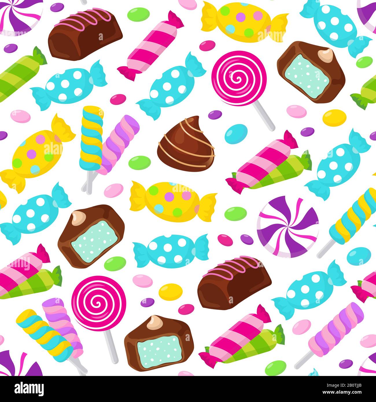 Lollipop Karamellbonbons nahtloses Vektormuster. Verschiedene Süßigkeiten endloser Hintergrund. Muster mit Süßigkeiten-Snack-Illustration Stock Vektor