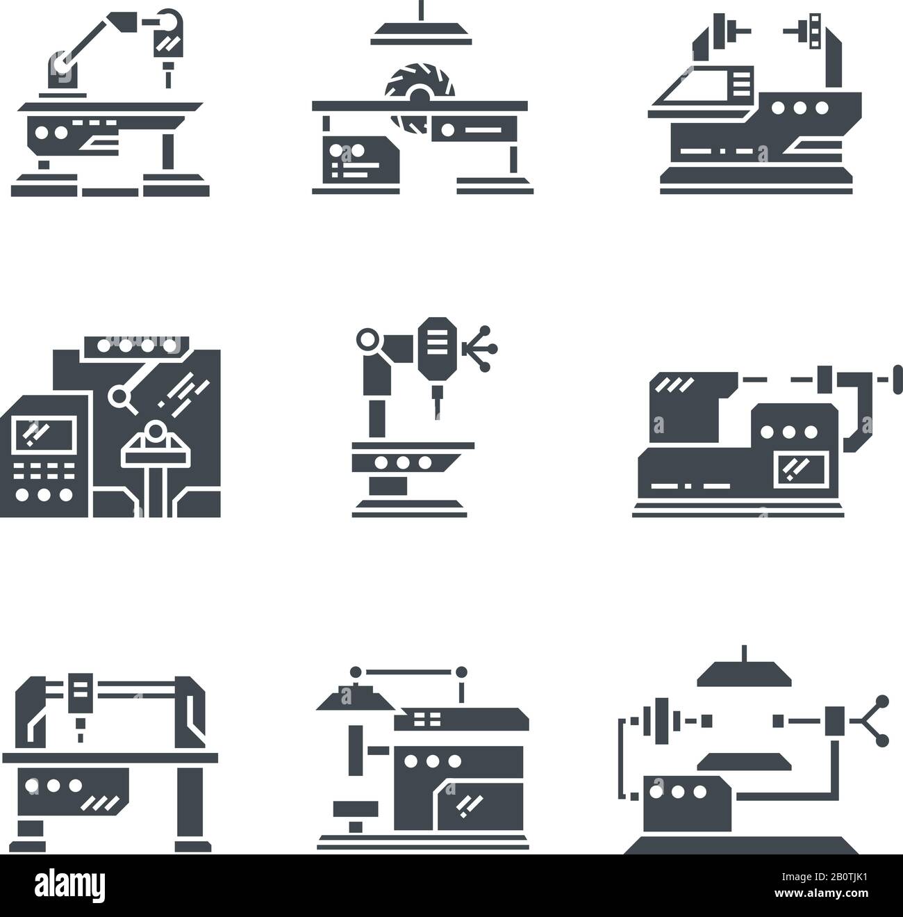 Vektorsymbole für Werkzeugmaschinen in der Stahlindustrie. Werkzeugmaschinen industrielle Metallbearbeitung Abbildung Stock Vektor