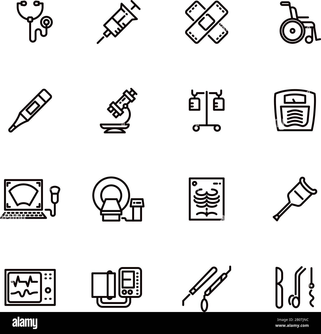 Symbole für medizinische Geräte und Krankenhauslinien. Abbildung: Mikroskop und Spritze, Tropffliger und Röntgenbild, Thermometer und medizinische Ultraschallgeräte Stock Vektor