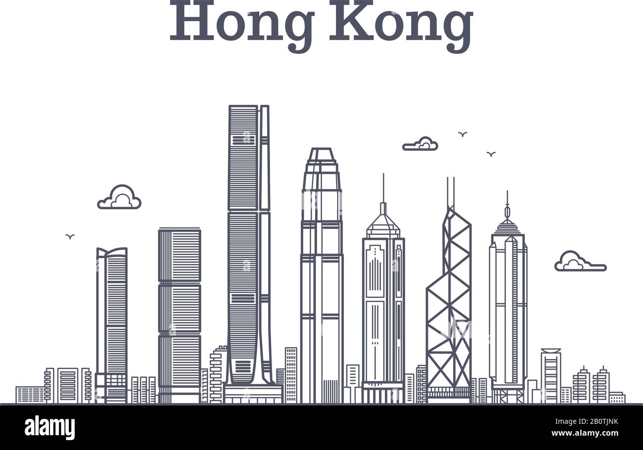 China hong kong City Skyline. Architektur Wahrzeichen und Gebäude Vektor-Linienpanorama. Stadtbildpanorama mit Wolkenkratzer Gebäudeillustration Stock Vektor