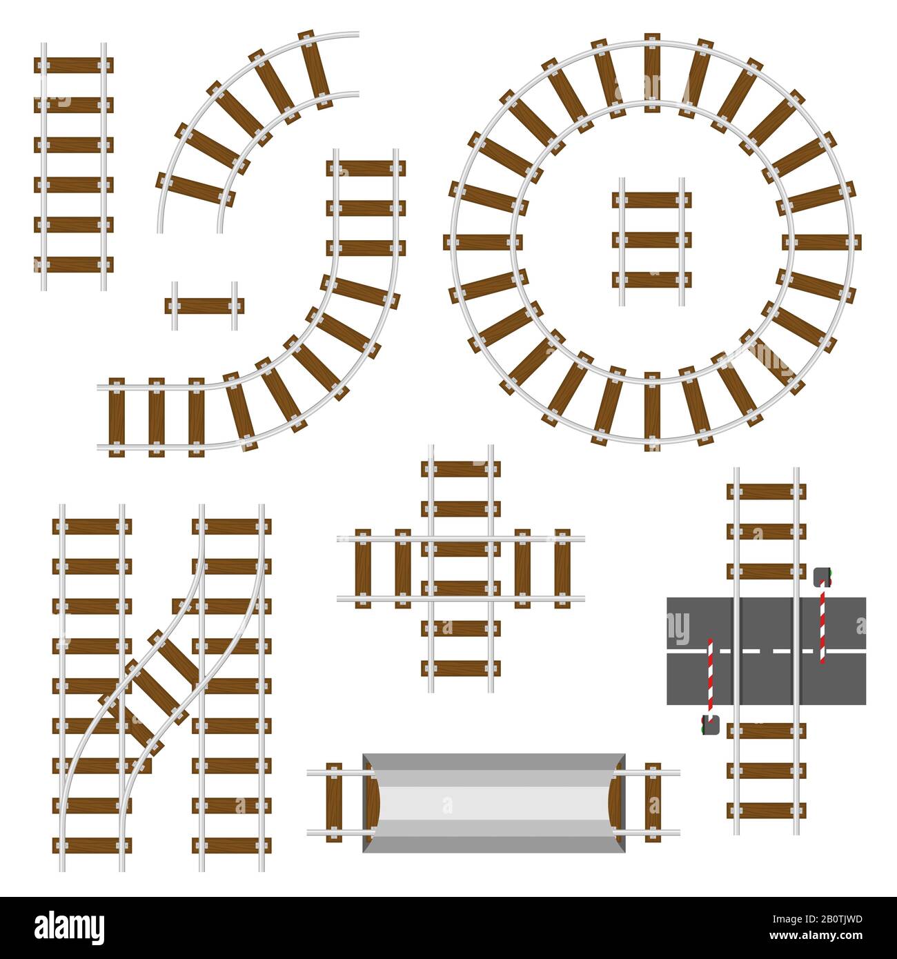 Bahnbauelemente. Bahngleise Vektor-Set in Draufsicht. Bahnstraße und Gleisweg zur Zugillustration Stock Vektor