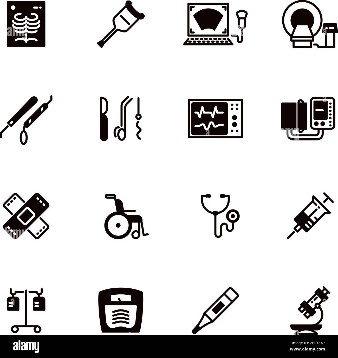 Vektorsymbole für medizinische Geräte und Geräte. Medizinischer Tomograph und mrt, Abbildung von Ultraschallgeräten Stock Vektor