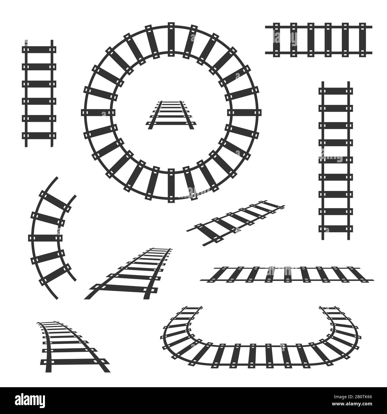 Gerade und gebogene Bahngleise zeigen schwarze Symbole. Transportschienenkurve gerade und Straßenbild Stock Vektor