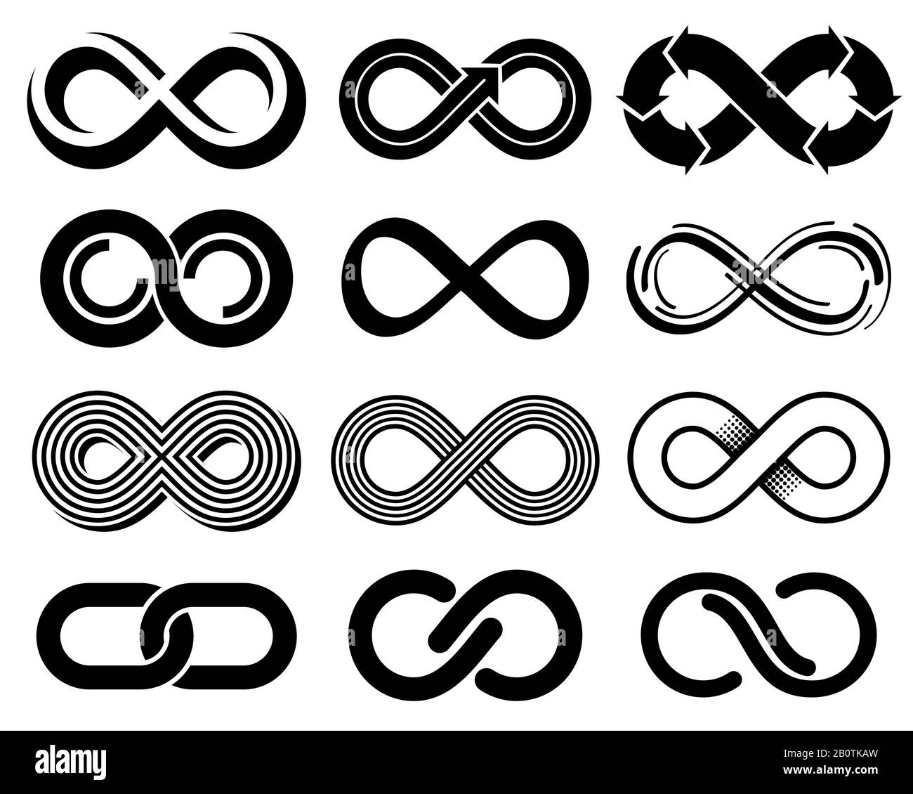 Unendliche Vektorsymbole. Mobius Loop Icons. Darstellung von unendlichen Zeichen- und Ewigkeitslinien Stock Vektor