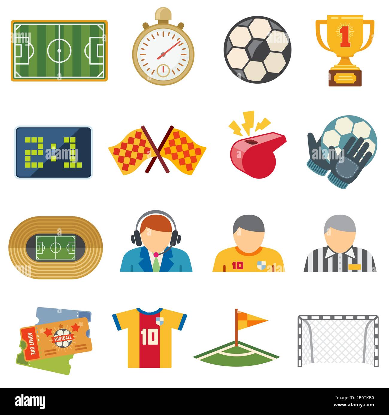 Fußball-Sportspiele - flache Vektorsymbole. Symbole für Fußballspiele. Fußball-Spielmannschaft, Trophäe und Kartenabbildung Stock Vektor
