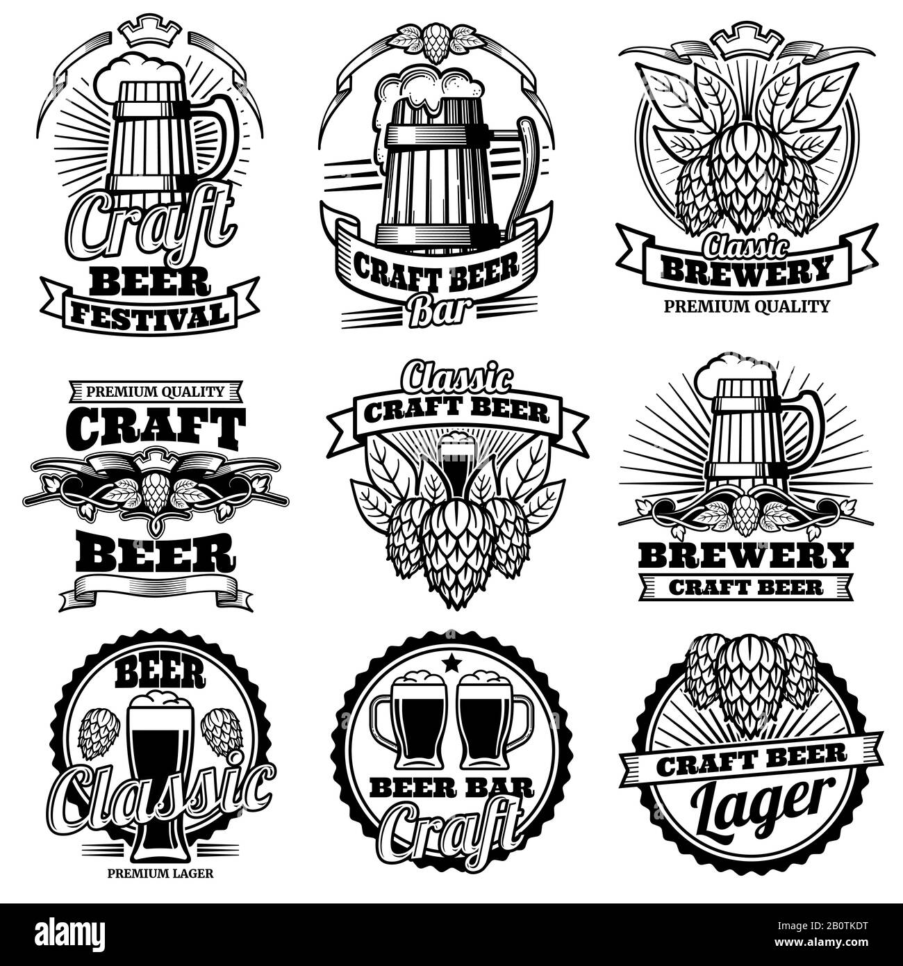 Vintage Beer Drink Bar Vector Etiketten. Embleme und Logos der Retro-Brauerei mit Hopfen und Becher. Bier-Emblem für Brauereigetränke - Abbildung Stock Vektor