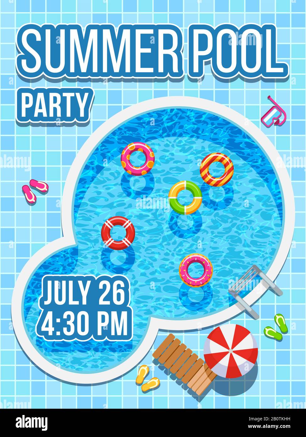 Draufsicht niemand Schwimmbad mit blauem Wasser. Vektordesign für Party-Einladung. Banner für die Party im Sommerpool Stock Vektor