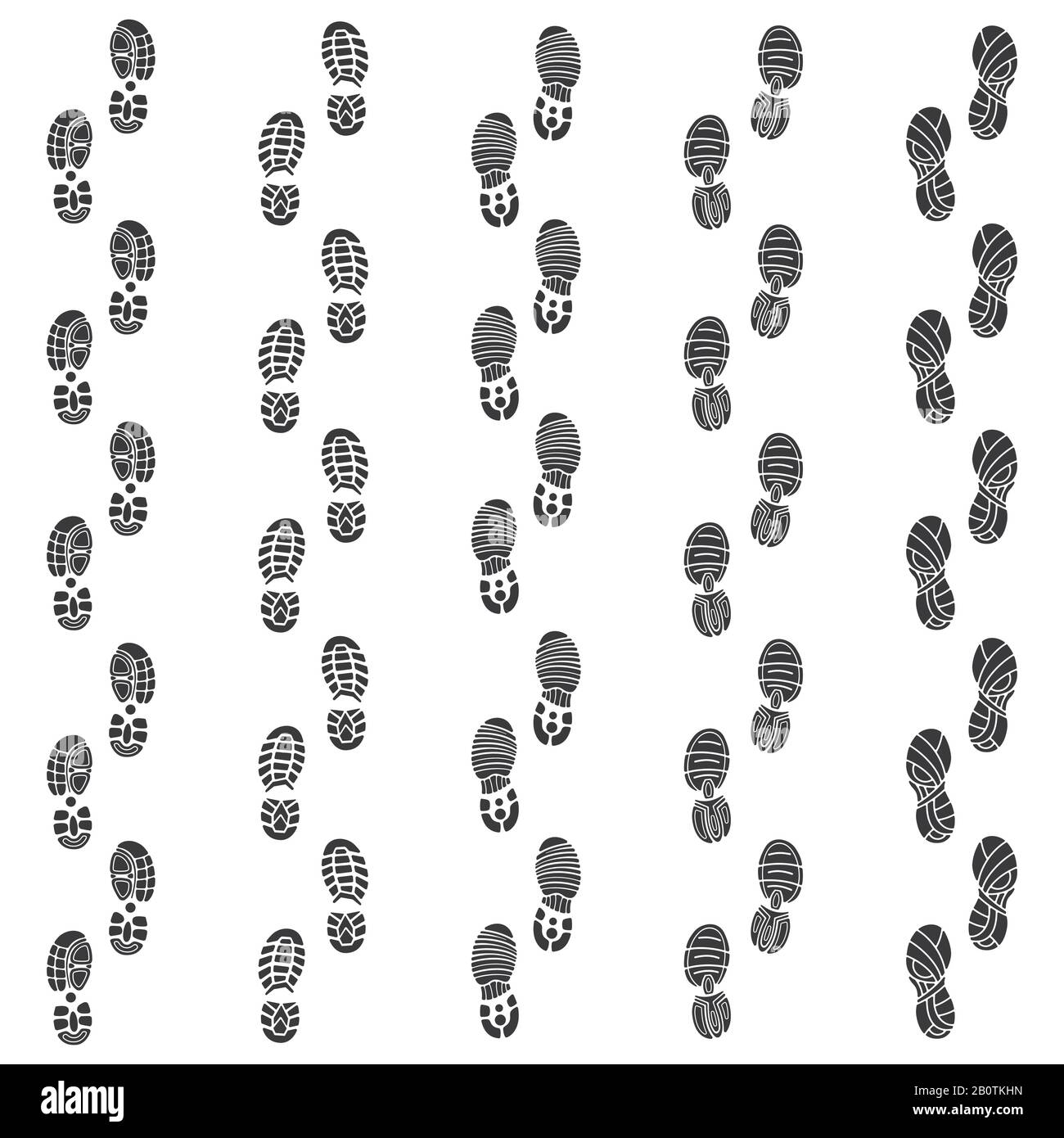 Fußabdrücke für Sportschuhe, die mit Vektorgrafiken für den Kopierraum weggehen. Schuh- und Stiefelspur, schwarze Silhouette mit Fußabdruck Stock Vektor