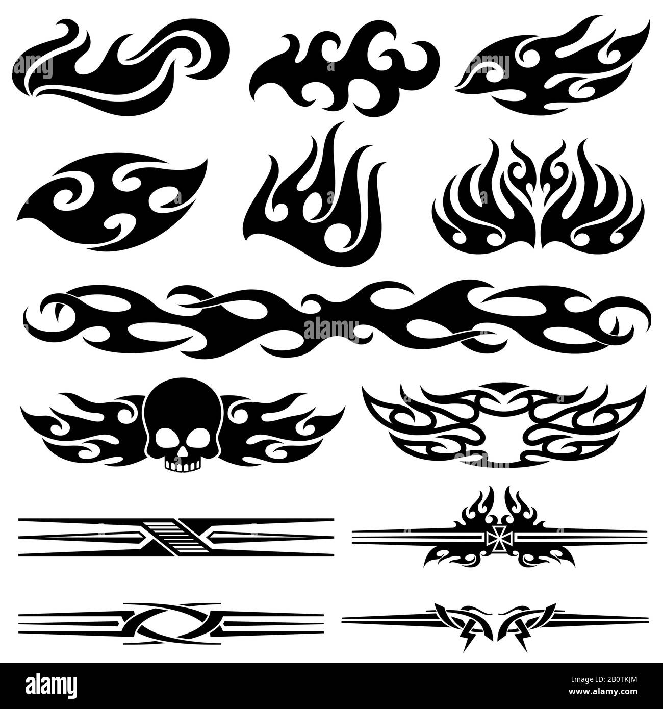 Fahrzeugmotorrad flammt. Vektorgrafiken für Rennwagen. Illustration der Silhouette des Motorrad- und Auto-Tattoo-Dekos Stock Vektor