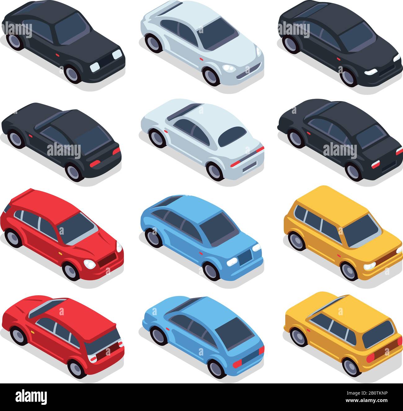 Isometrische 3D-Autos. Transport Technology Vector Vehicles Set. Isometrischer Fahrzeugtransport, Abbildung farbiger Autos Stock Vektor