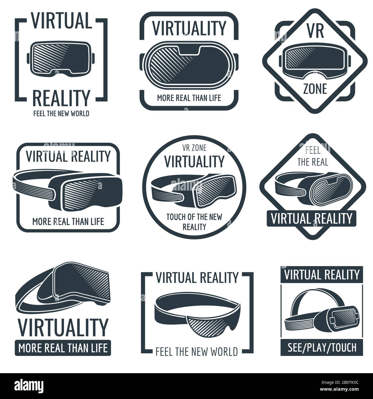 Futuristische Headset-Logos für virtuelle Realität mit Helm. VR-Brille mit frontselbstmontierten Vektor-Etiketten. Gerät für die Realität virtuell, Abbildung des Kopfhelms Stock Vektor