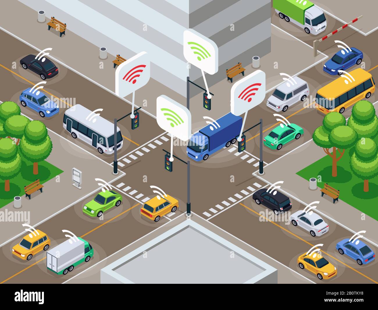 Fahrzeuge mit Infrarotsensor. Unbemannte Smart Cars im Stadtverkehr - Vektorgrafiken. Autonome Fahrt mit dem Sensorwagen in der Stadt Stock Vektor
