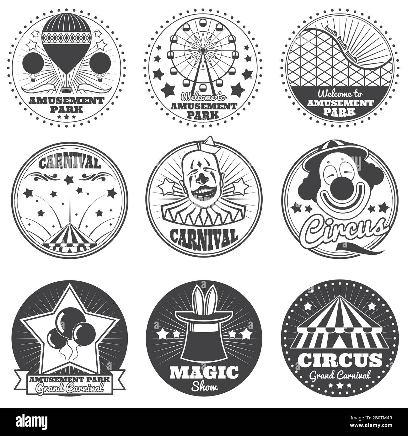 Vergnügungspark, Zirkus und Karneval Vektor-Vintage-Embleme und Etiketten. Fest- und Zirkusabzeichen, Illustration von Unterhaltungs- und Karnevalsshow Stock Vektor